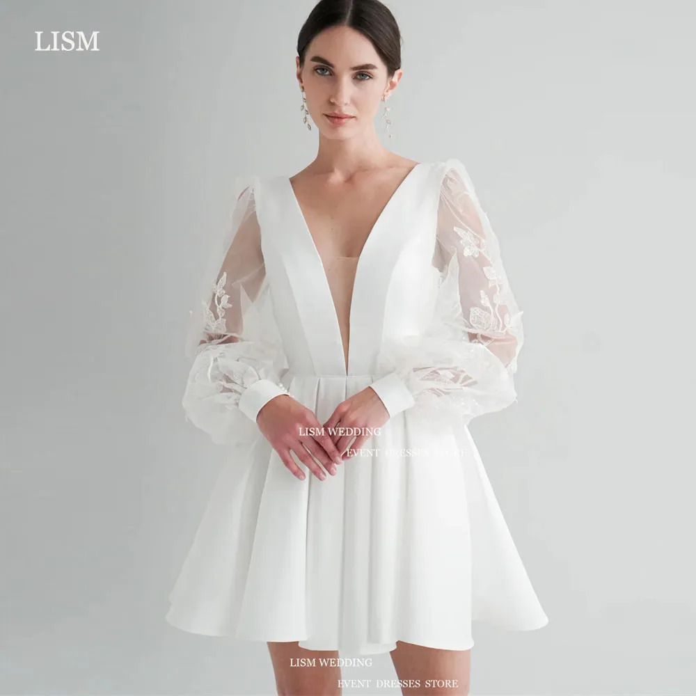 

LISM Elegant Satin A-Line Mini Wedding Dresses Applique Lace Long Sleeves V-Neck Short Bridal Gowns Buttons Back Party Dress