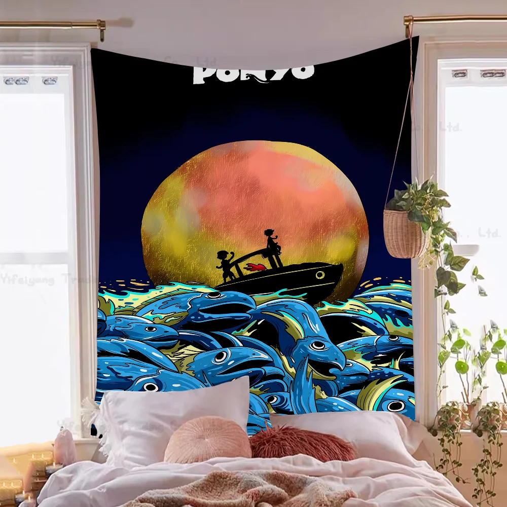 P-Ponyo On Cliff By The Sea Anime Tapestry Hanging Tarot Hippie Wall Rugs Dorm Wall Hanging Sheets