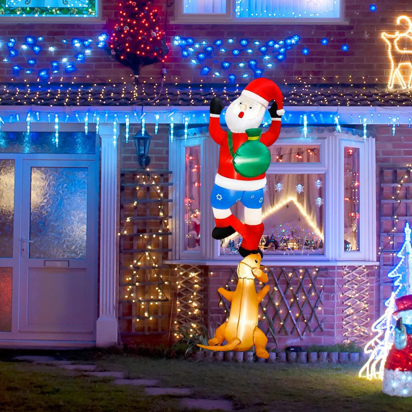 Inflatable Santa Prop Giant Climbing Santa Dog Outdoor Christmas Inflatable Ornament with Lights for Garden Lawn Holiday Decor