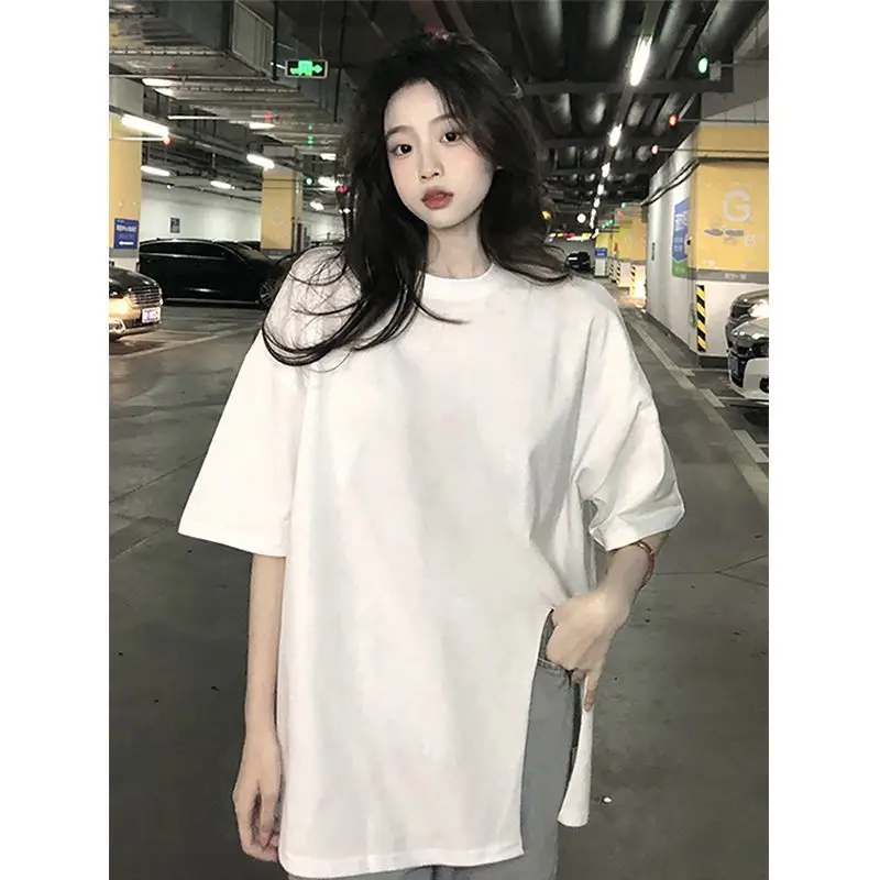 Solid Color Round Neck Split T Shirt for Women 2024 Loose Trendy Office Top