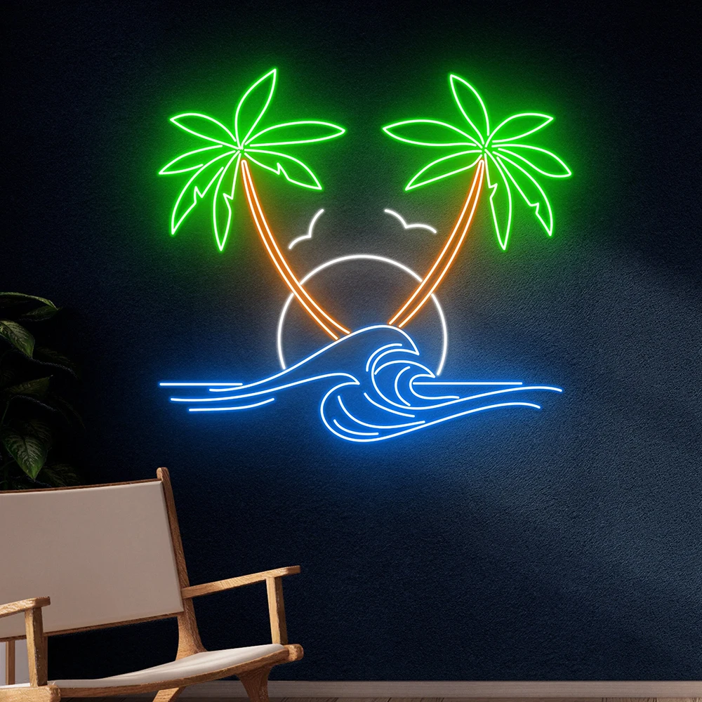 Sun Ocean Waves Palm Tree Neon Sign Beach Led Sign Custom Holiday Tropical Sea Island Pool Party Room Wall Decor Neon Best Gift