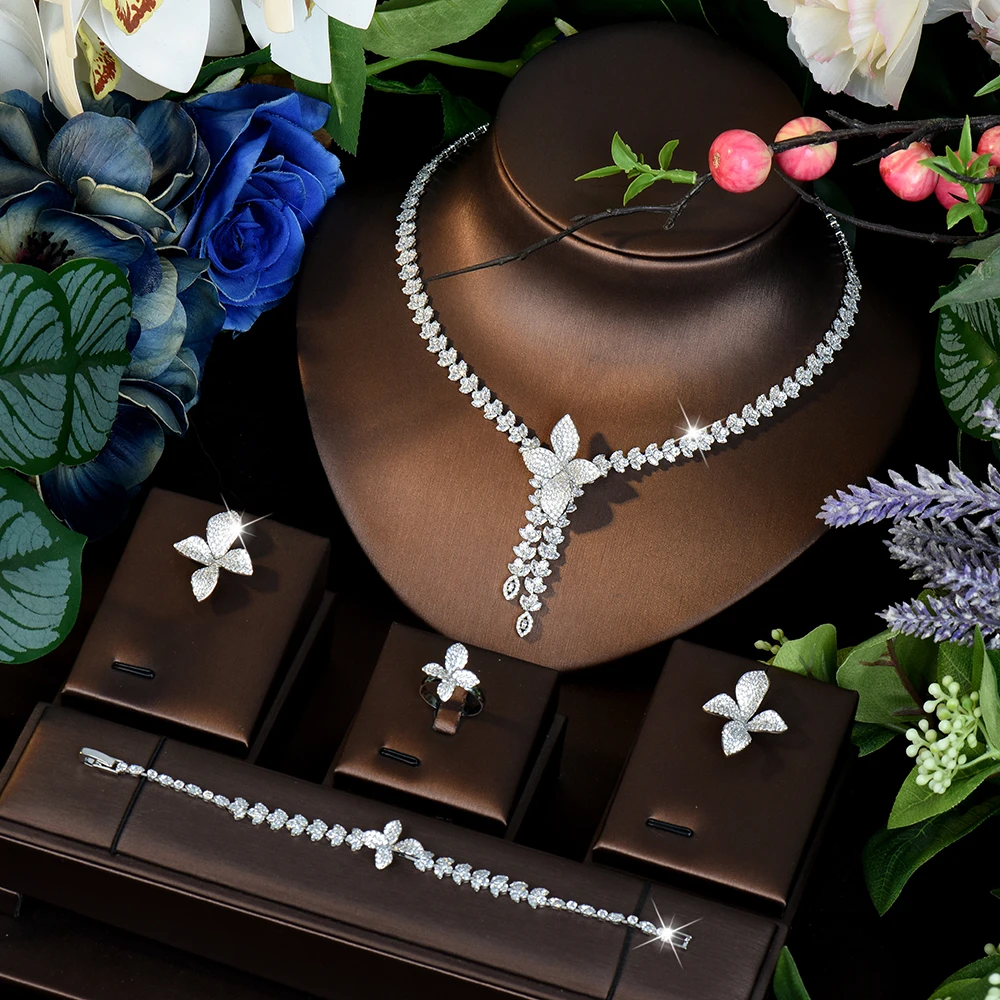 

HIBRIDE Popular Light Luxury Leaf Necklace Earrings Bracelet Women's Fine Jewelry Set Wedding Travel Bridal Daily Gift S-1189