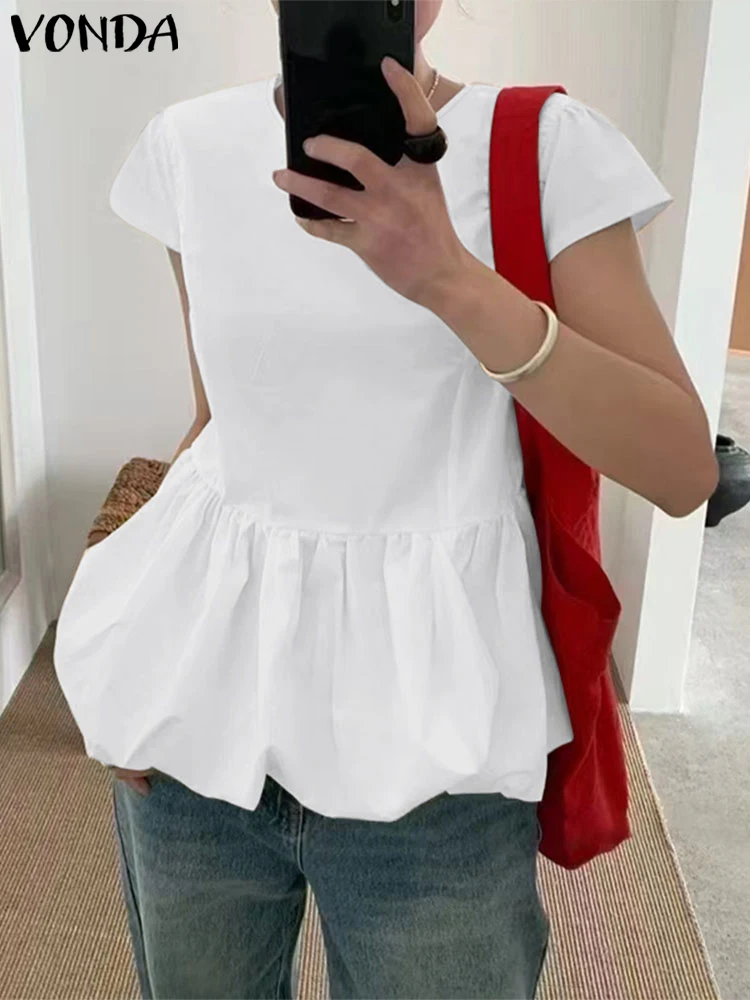 

VONDA Solid Color Casual Blusas Women Ruffled Blouse O Neck Short Sleeve Tops 2025 Summer Loose Tunic Oversized Pullover Fashion