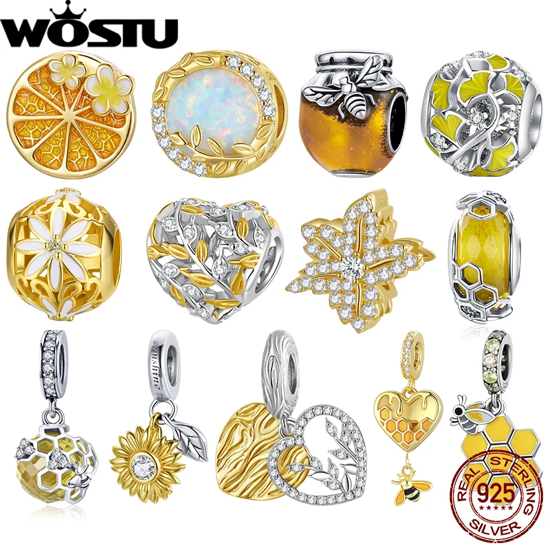 WOSTU 925 Sterling Silver Autumn Theme Opal Leaf Hanging Pendant Honey Bee Gold Plated Beads Fit Original Bracelet Fine Jewelry