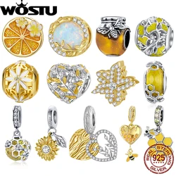 WOSTU 925 Sterling Silver Autumn Theme Opal Leaf Hanging Pendant Honey Bee Gold Plated Beads Fit Original Bracelet Fine Jewelry