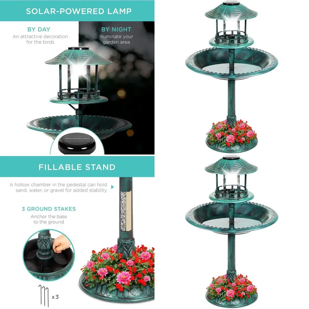 

Винтажная уличная кормушка для птиц из смолы с подставкой в виде горы, основанием для кашпо, клеткой для птиц и подставкой для корма - зеленая