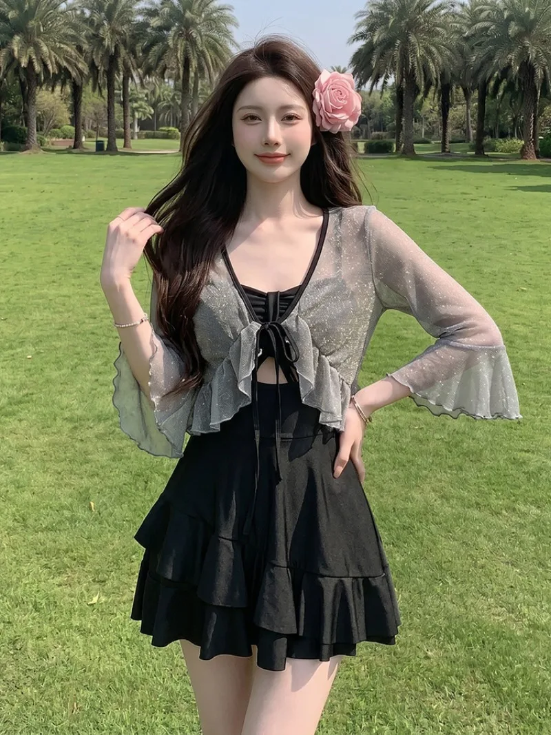 sexy plain hollow out mini dress culottes swimsuits two pieces with glitter long sleeve cover smock top bodysuits swimwear