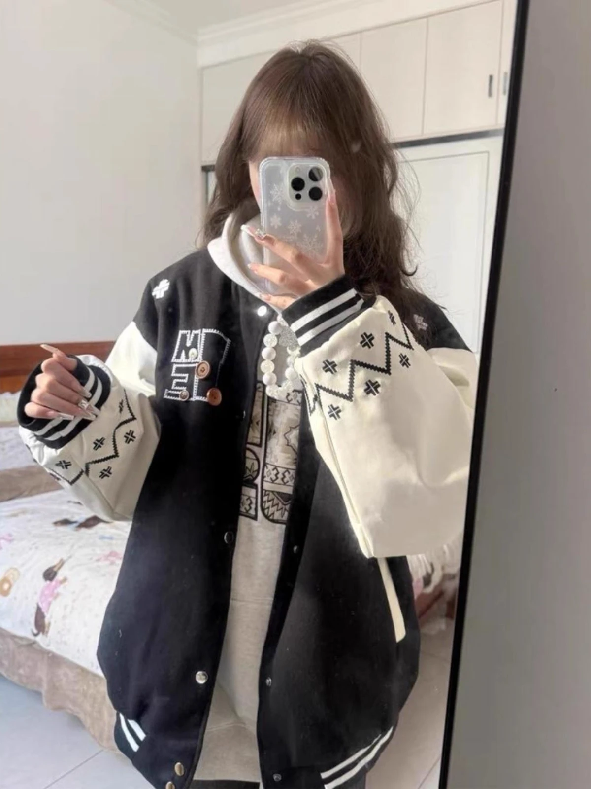 

Retro American Color Blo Baseball Jaet Women's Spring Autumn Loose Embroidered Lettering Street Sle Cotton Jaet