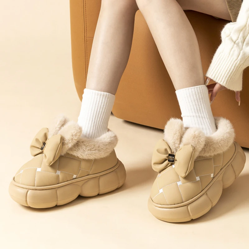 2024 Winter Women's Fluffy Platform Snow Boots Cute Bowknot Warm Cotton Padded Shoes Women Non Slip Thick Sole Home Shoes Woman