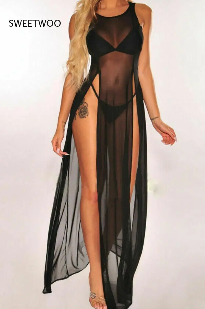 

New Bikini Cover Ups Women Mesh Sheer See Through Sexy Beach Dress Sleeveless Split Maxi Dress Swimsuit Sarong