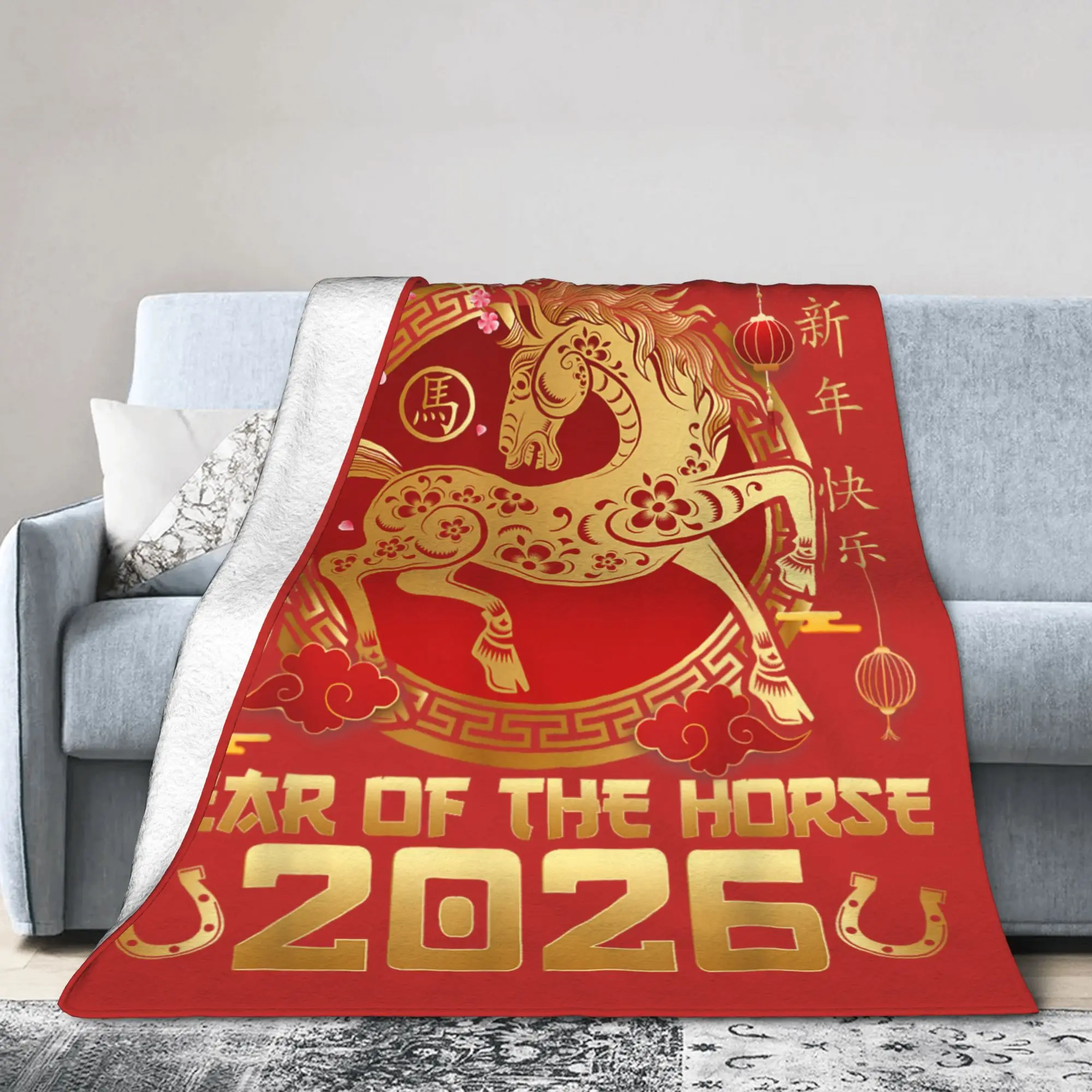 Lunar New Year 2026 Chinese-Style Knitted Blanket Flannel Year of The Horse Soft Throw Blankets Bedspread Quilt Multi-function