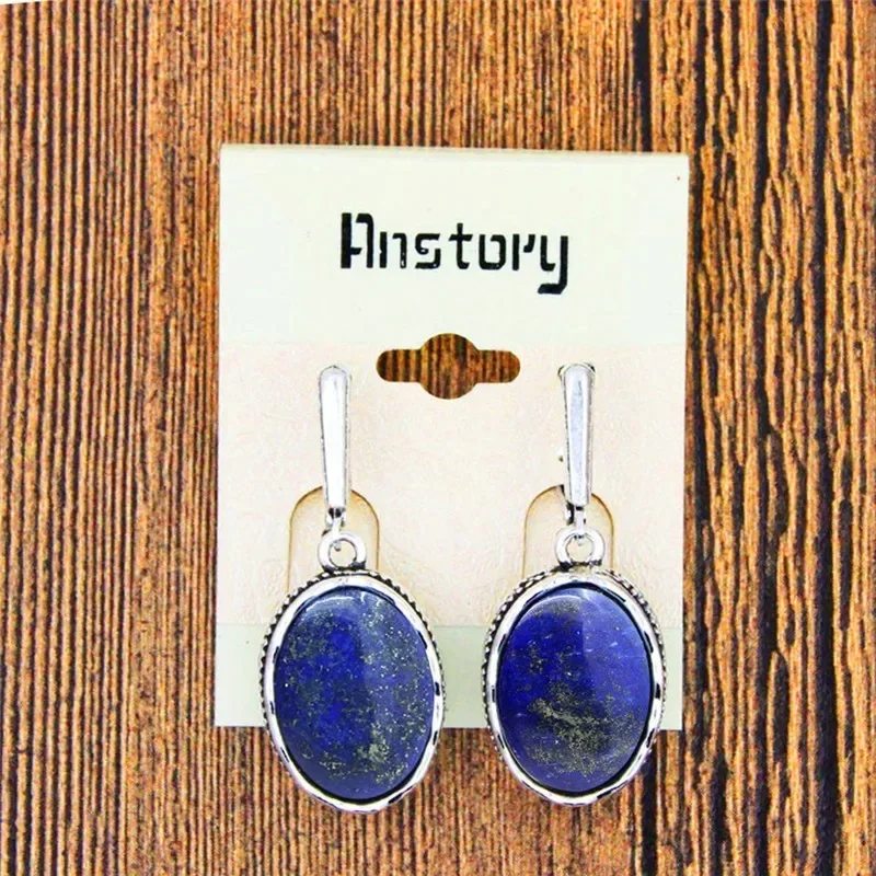 Oval Natural Lapis Lazuli Jewelry Set Necklace Earrings For Women Antique Silver Plated Stainless Steel Chain Wedding Party Gift