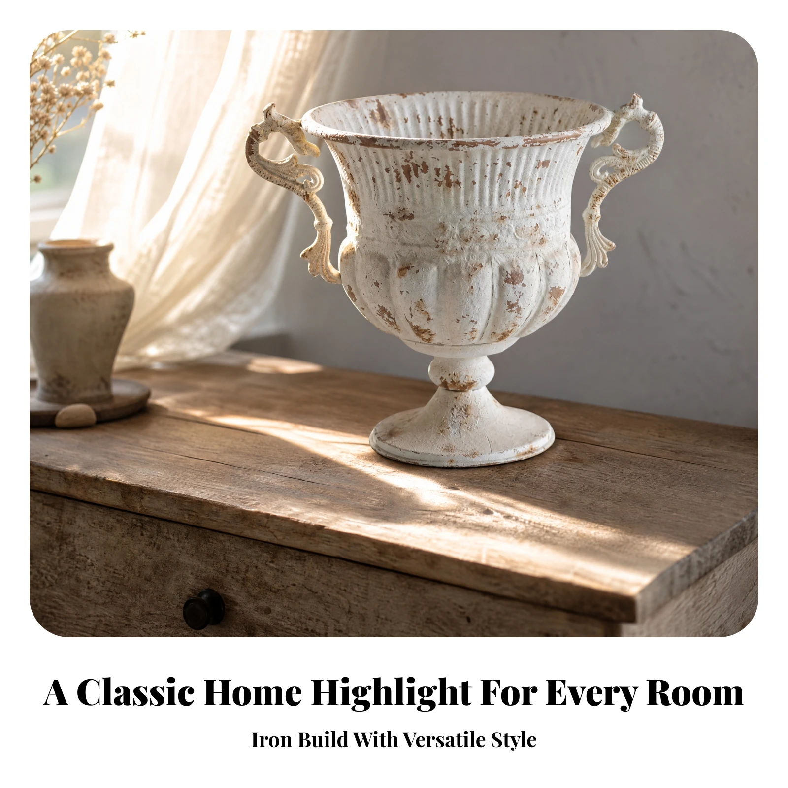 Fluted Urn Planter with Ornate Handles Antique-Inspired Pedestal Planter with Footed Base Distressed Iron Flower Urn Stable