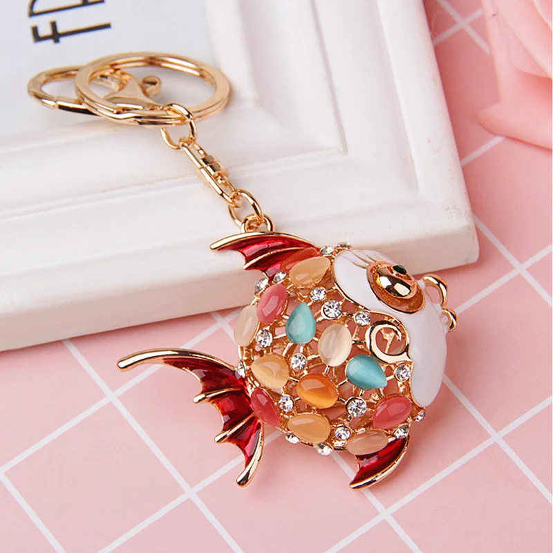 Lovely Opal Turbot Fish Cute Crystal Charm Purse Handbag Car Key Keyring Keychain Party Wedding Birthday Gift