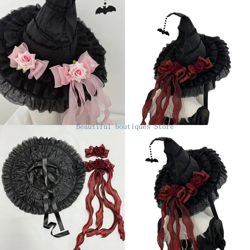

U4LF Dark Theme Witch Hat Halloween Costume Essential For Women Girl Comfortable Festival Event Party Celebration Headwear