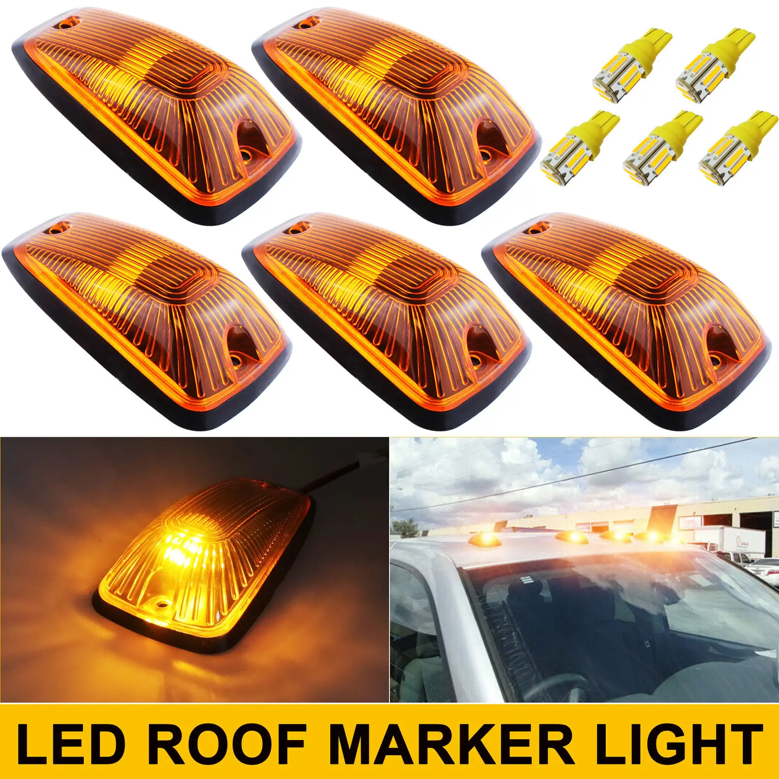 Winetis 5Pcs LED Cab Marker Roof Light with Amber T10 LED Bulbs for Chevy GMC C1500 C2500 C3500 K1500 K2500 K3500 Pickup Trucks