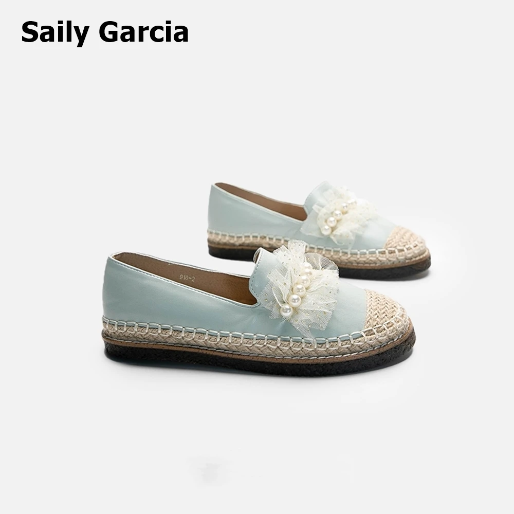 Green Lace with String Pearl Flat Espadrilles Summer New Large Size Grace Casual Sandals Shallow Slip-on Breathable Women Shoes