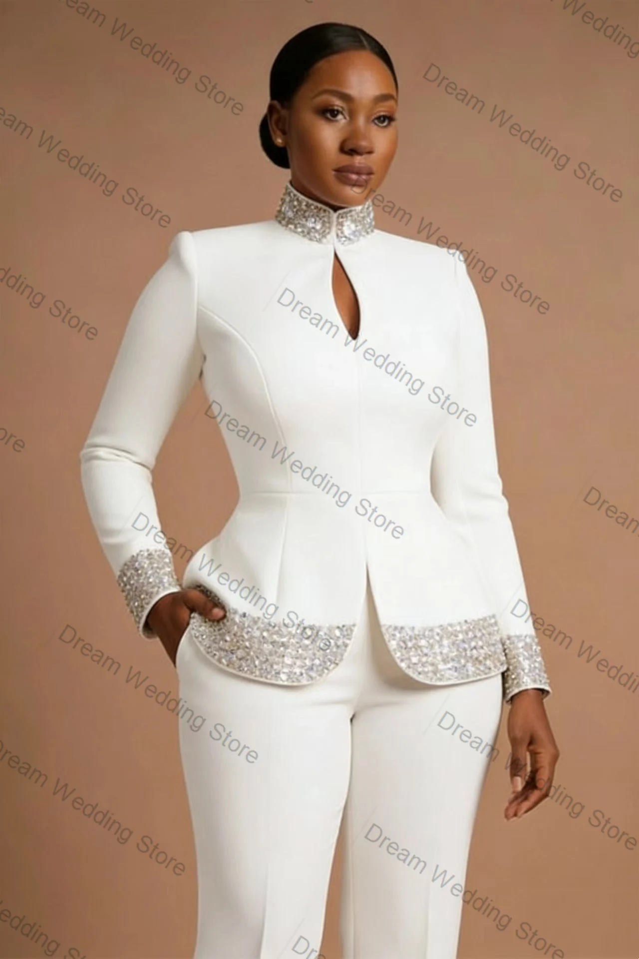 White Women Suit Set 2 Pcs Blazer+Pants Trousers Crystals Spring Autumn Formal Office Lady Jacket Customized Wedding Guest Coat image 4