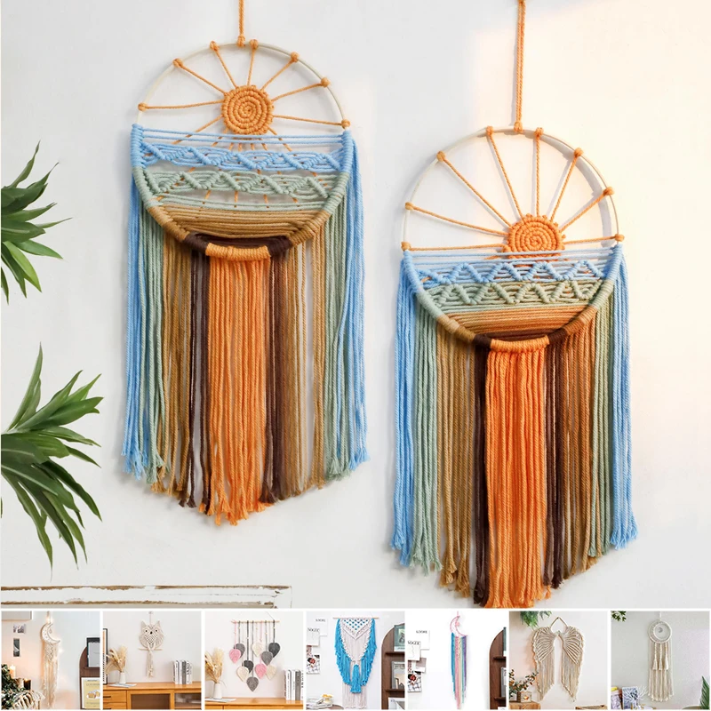

European Handwoven Macrame Tapestry Bohemian Cotton Rope Wall Art Moon Star Fringe Decor for Nursery Living Room Ramadan Eid