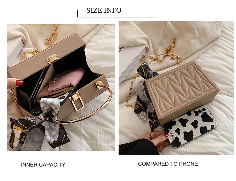 Luxury Designer Crossbody Bag for Women Silk Ribbon Box Shape Small Handbag Chain Lady Messenger Bag All-match PU Leather Tote