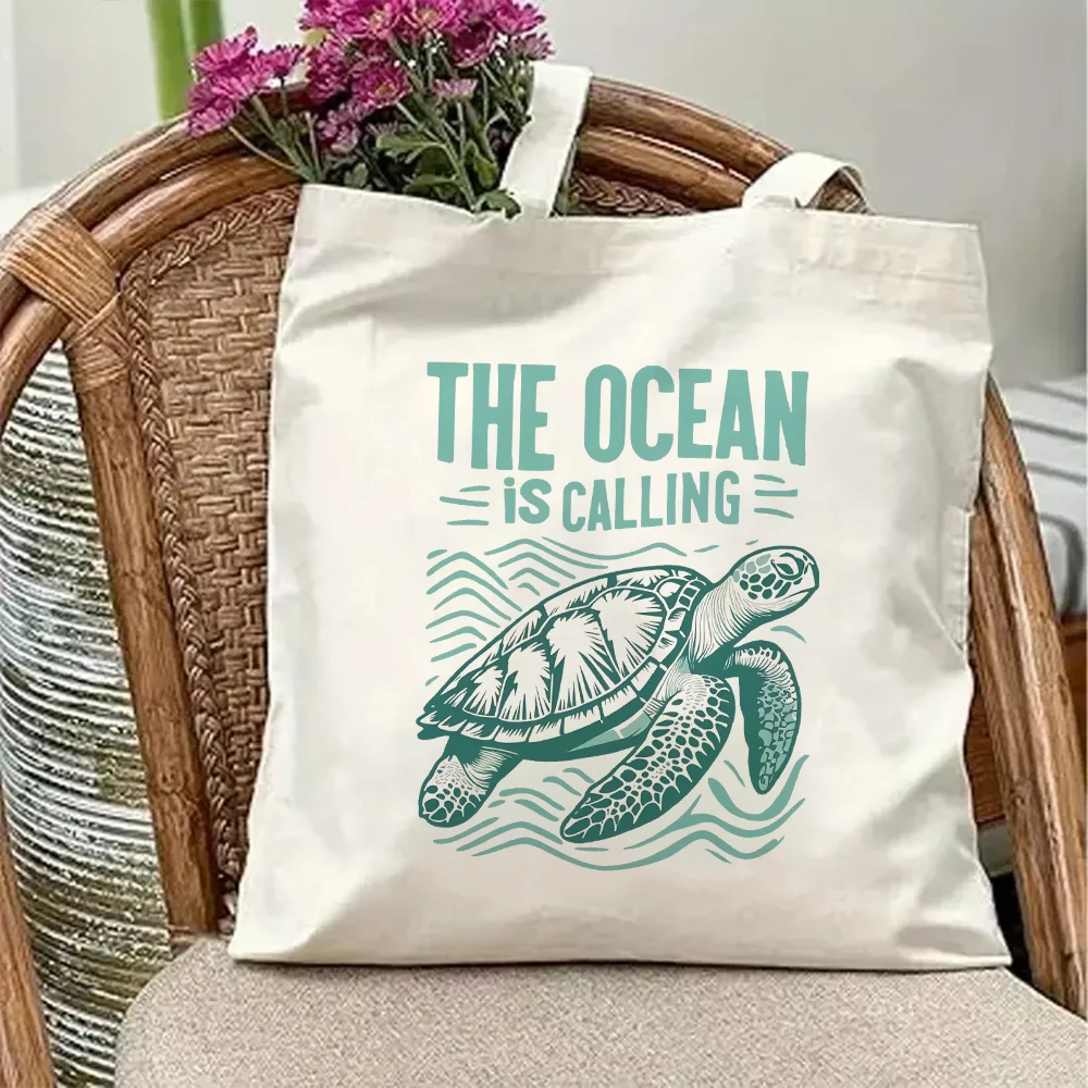 Vintage Sea Turtle Ocean Is Calling Canvas Tote Bag Coastal Beach Theme Shoulder Handbag Shopping Grocery Book Bag Gift