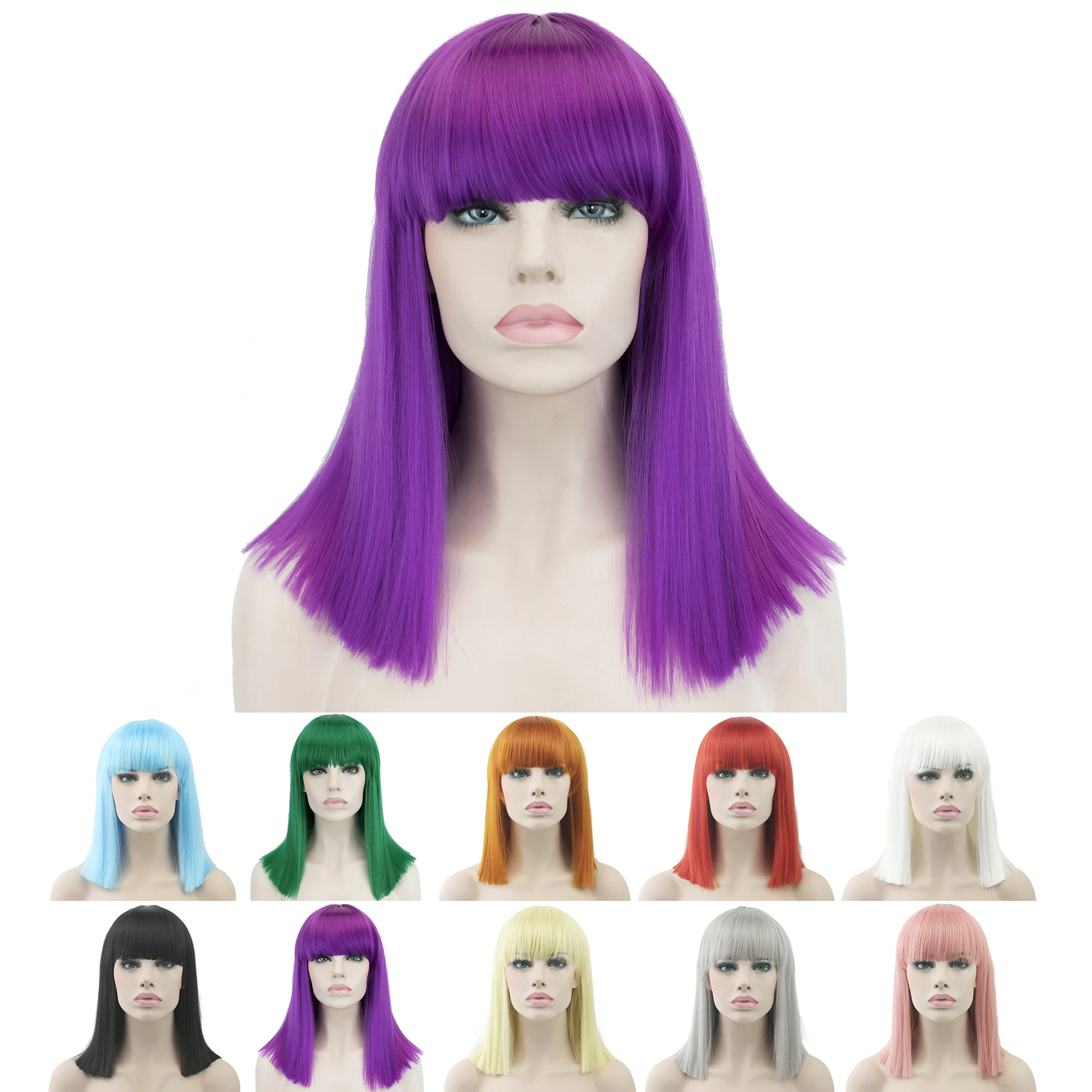 

Soowee Purple Short Natural Cut Hair Cosplay Wig with Straight Bangs Halloween Costume Party Bob Wigs for Women