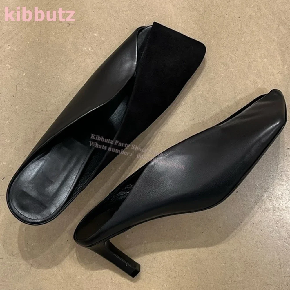 

Hollow Genuine Leather Slipper Sandals Solid Color Square Toe Thin Heels Slip-On Fashion Elegant Concise Sexy Women Shoes Newest