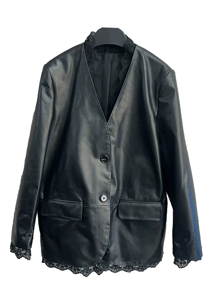 Chaquetas de piel de oveja con cuello en V para mujer de oficina, chaqueta de traje informal de cuero genuino de una sola botonadura, abrigo de moda con encaje