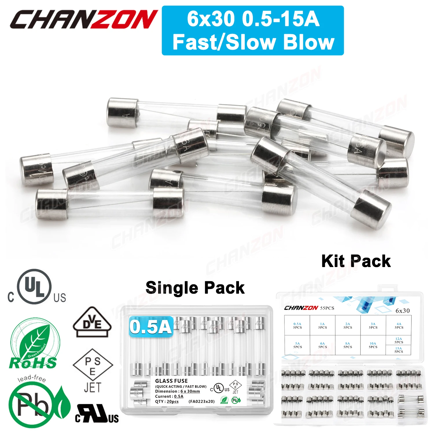 20/55pcs 6x30 Glass Tube Fuses Fast Slow Blow 6*30 6x30mm Kit 0.5A 1A 2A 3A 4A 5A 6A 8A 10A 12A 15A 250V 125V 12V Assortment Set