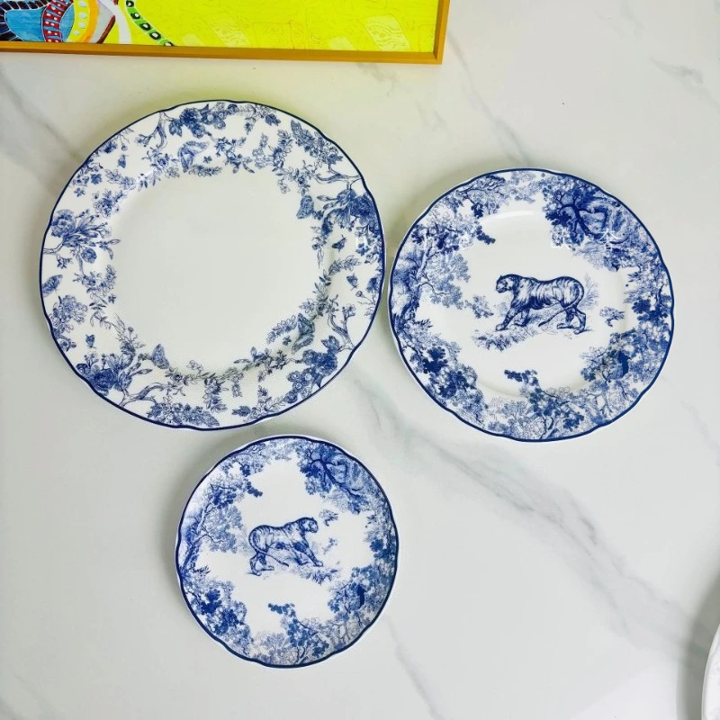 Vintage Animal Tiger Ceramic Plate Set 3-Piece Ceramic Tableware Kitchen Table Plate Home Dining Decor Party Supplies Meal Plate