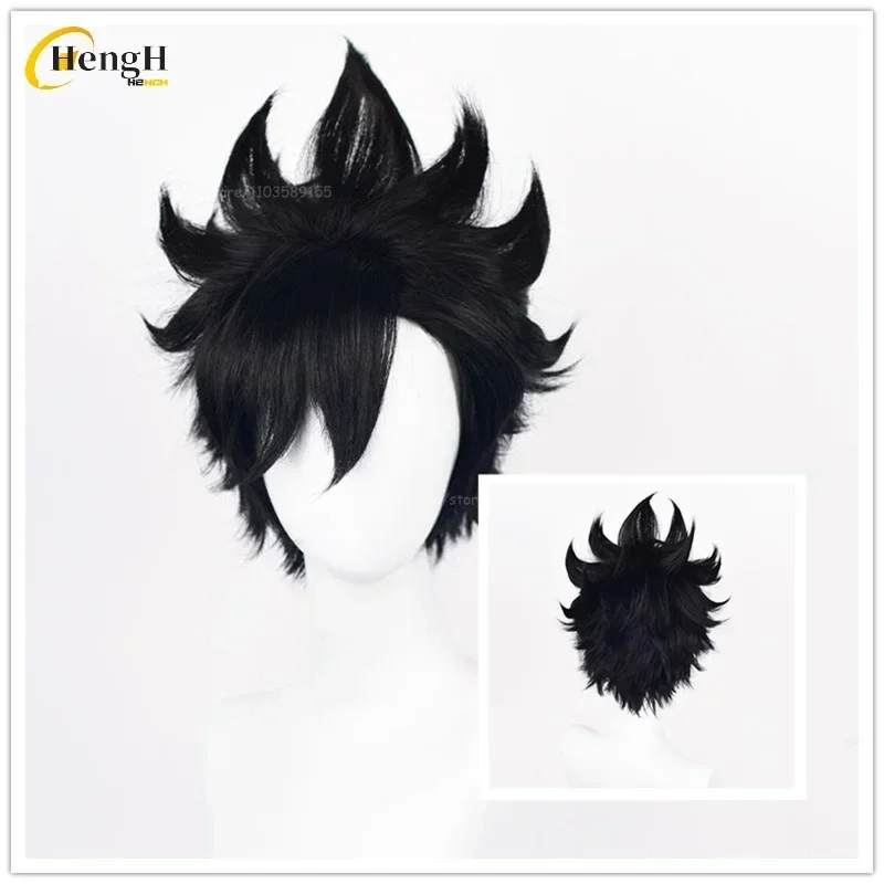 Wig Sintetis Anime Tetsurou Kuroo Kualitas Tinggi Wig Cosplay Hitam Pendek 30Cm Wig Uniseks Pesta Rambut Tahan Panas + Topi Wig Gratis