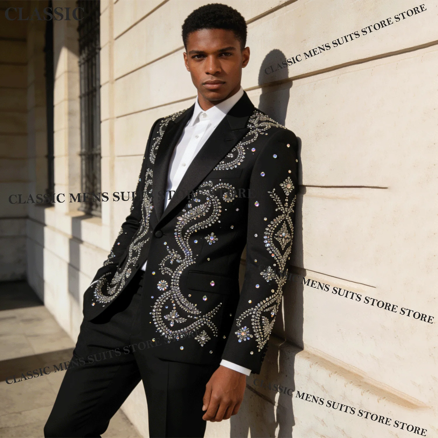 

Sparkly Customized Tuxedos Men Suits Luxury Diamond Decoration Peaked Lapel Groom 2 Pieces Set Wedding Male Prom Blazers suits