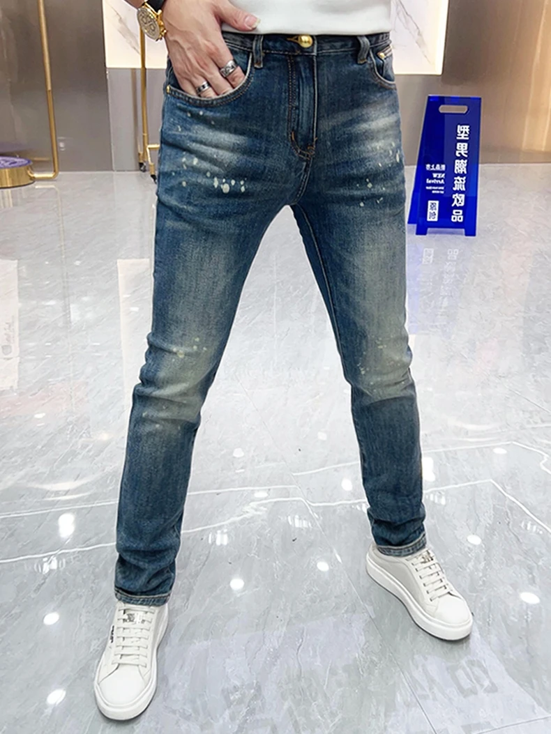 

Casual Slim Fit Men's Denim Jeans Pure Color Waed Elastic Straight Leg Long Pants Autumn New Sle Korean Version Youth Fas...