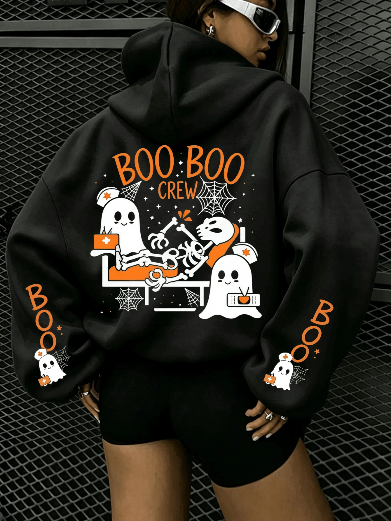 Halloween Skull and Ghost Print Plus Size Men's and Women's Casual Autumn and Winter Long Sleeved Pocket Hooded Sweatshirt