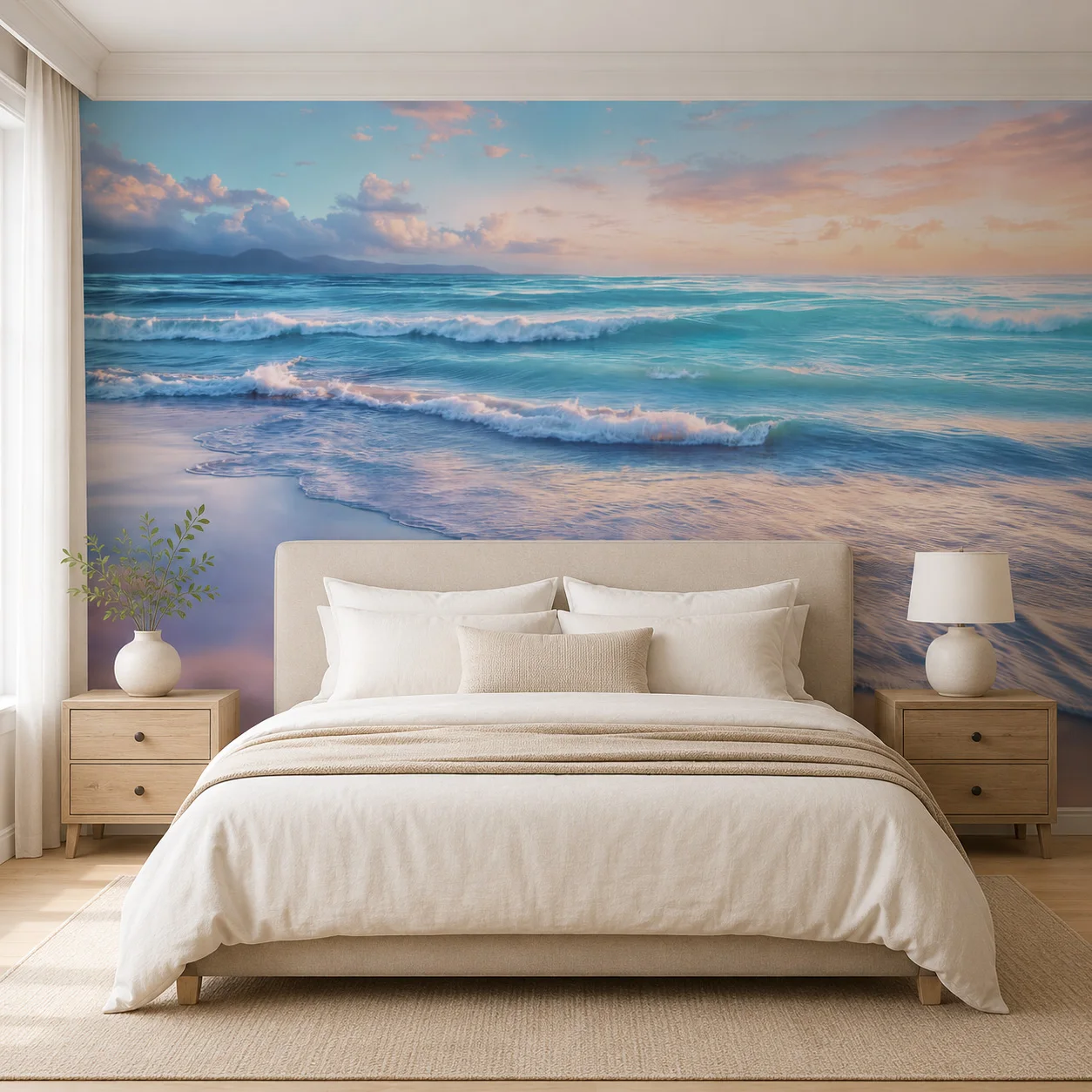 Ocean Beach Sunset Wall Mural Wallpaper Blue Sea Waves Coastal Living Room Bedroom Decor Unpasted Wallpaper