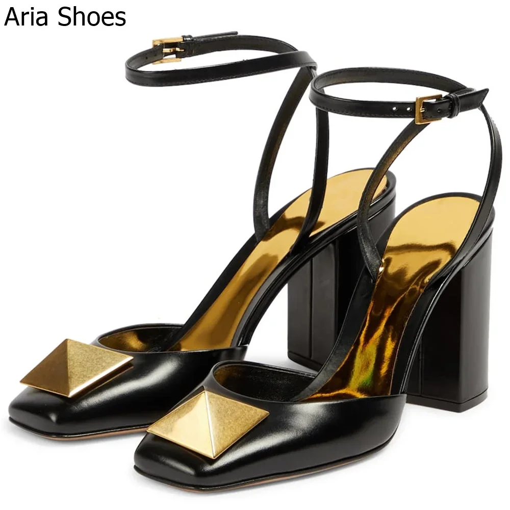 Rivet Square Toe Chunky Heel Sandals Women 2025 Spring Summer New High Heels Shallow Ankle Buckle Strap Pink/white 8cm Sandals