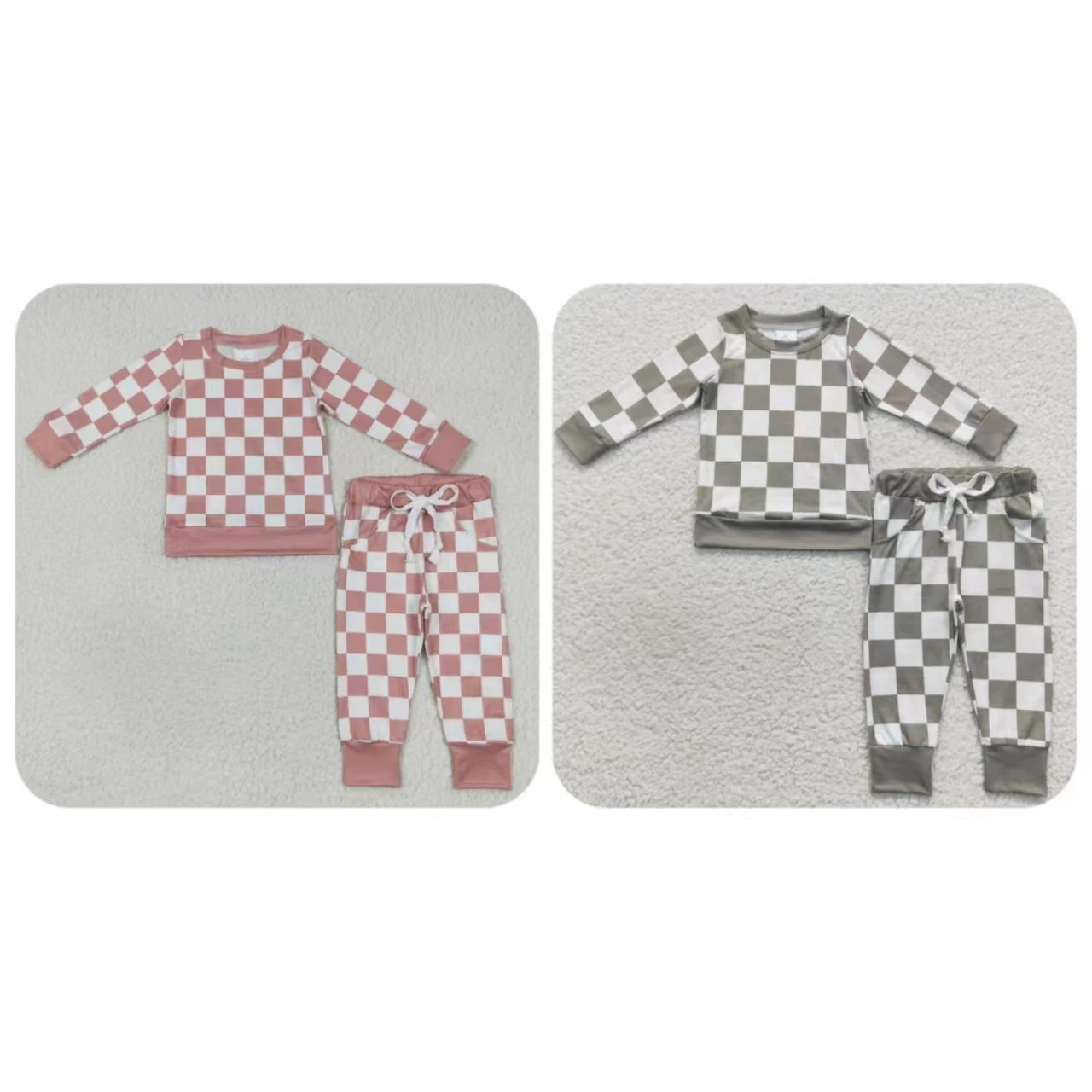 

Wholesale Toddler Kids Long Sleeves Checkered Pullover T-shirts Outfit Children Pocket Pants Set Matching Baby Boy Girl Pajamas