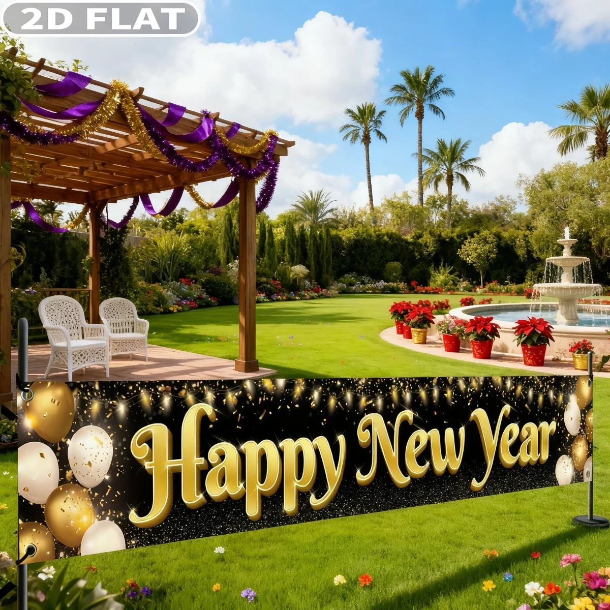 2D FLAT 1pc Happy New Year Party Photo Booth Props Banner 2026, Large - 120x20 Inch Polyester Happy New Year Yard Sign