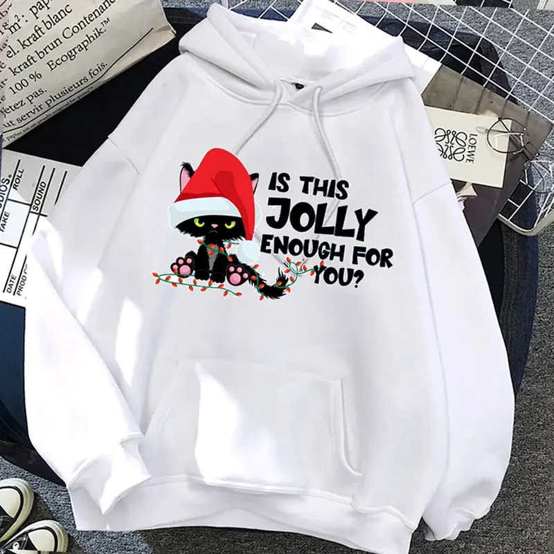 Is This Jolly Enouch For Yous Cute Christmas Cat Printing Hoodies Merry Christmas Santa hat Funny New Year Women ManSweatshirt