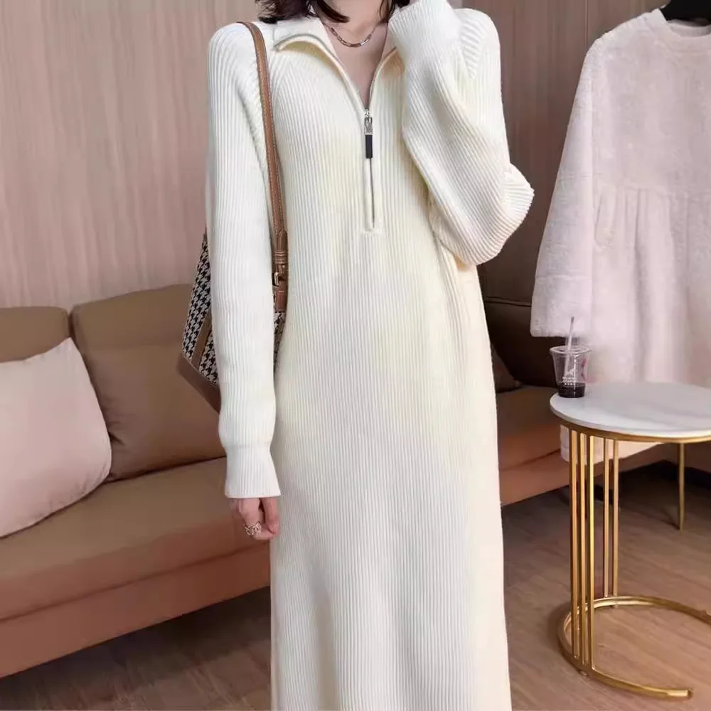 Vestido de malha de comprimento médio super elegante para mulheres com casaco ou suéter, camada de base acima do joelho, adequado para outono e inverno