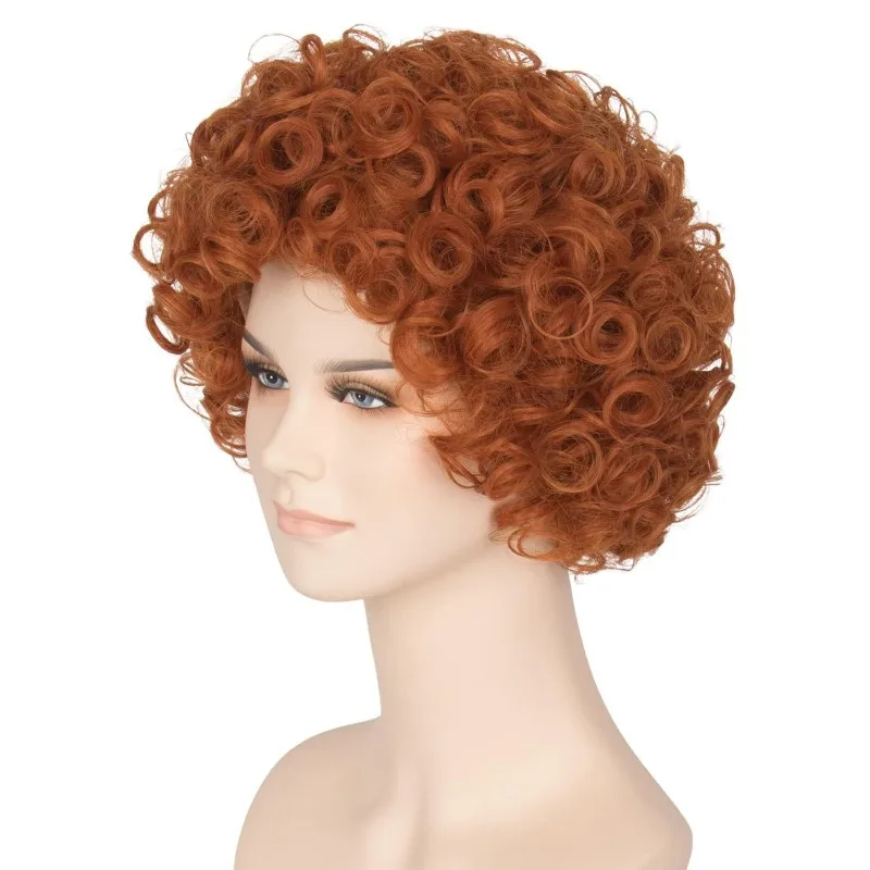 برتقالي مجعد للنساء زي السيدة روبر قصير برتقالي شعر مستعار صناعي مقاوم للحرارة شعر مستعار آني للبالغين حفلة الهالوين