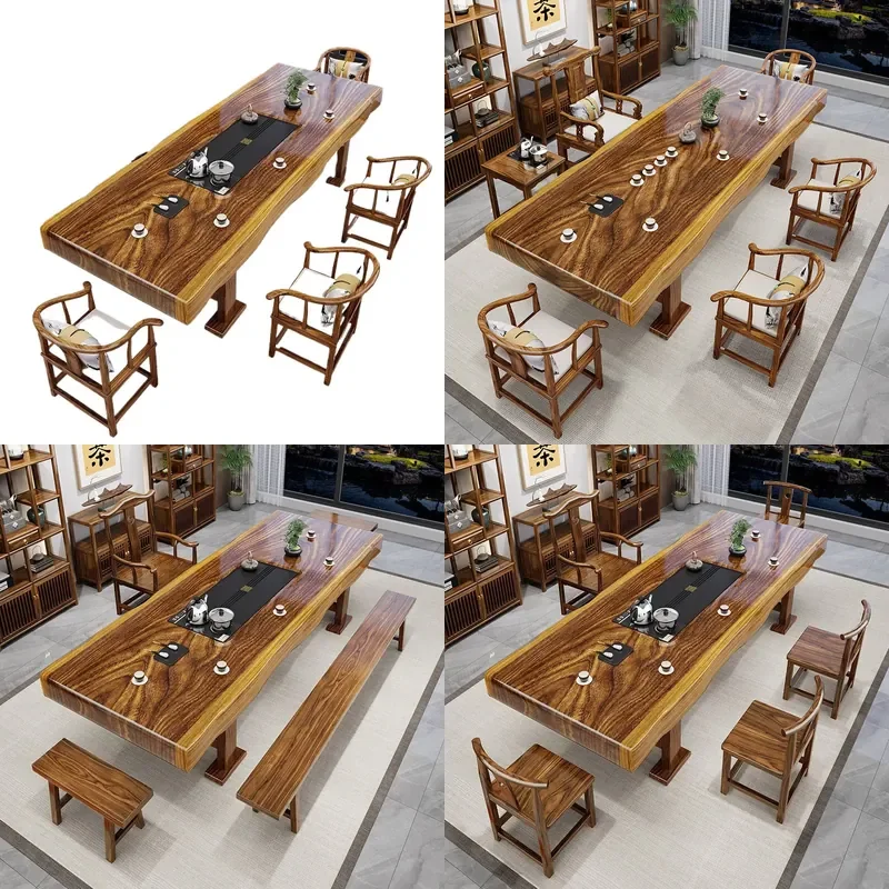 for Walnut Solid Wood Large Board Tea Table and Chair Combination One Table Five Chairs Complete Set Log Coffee Table Home