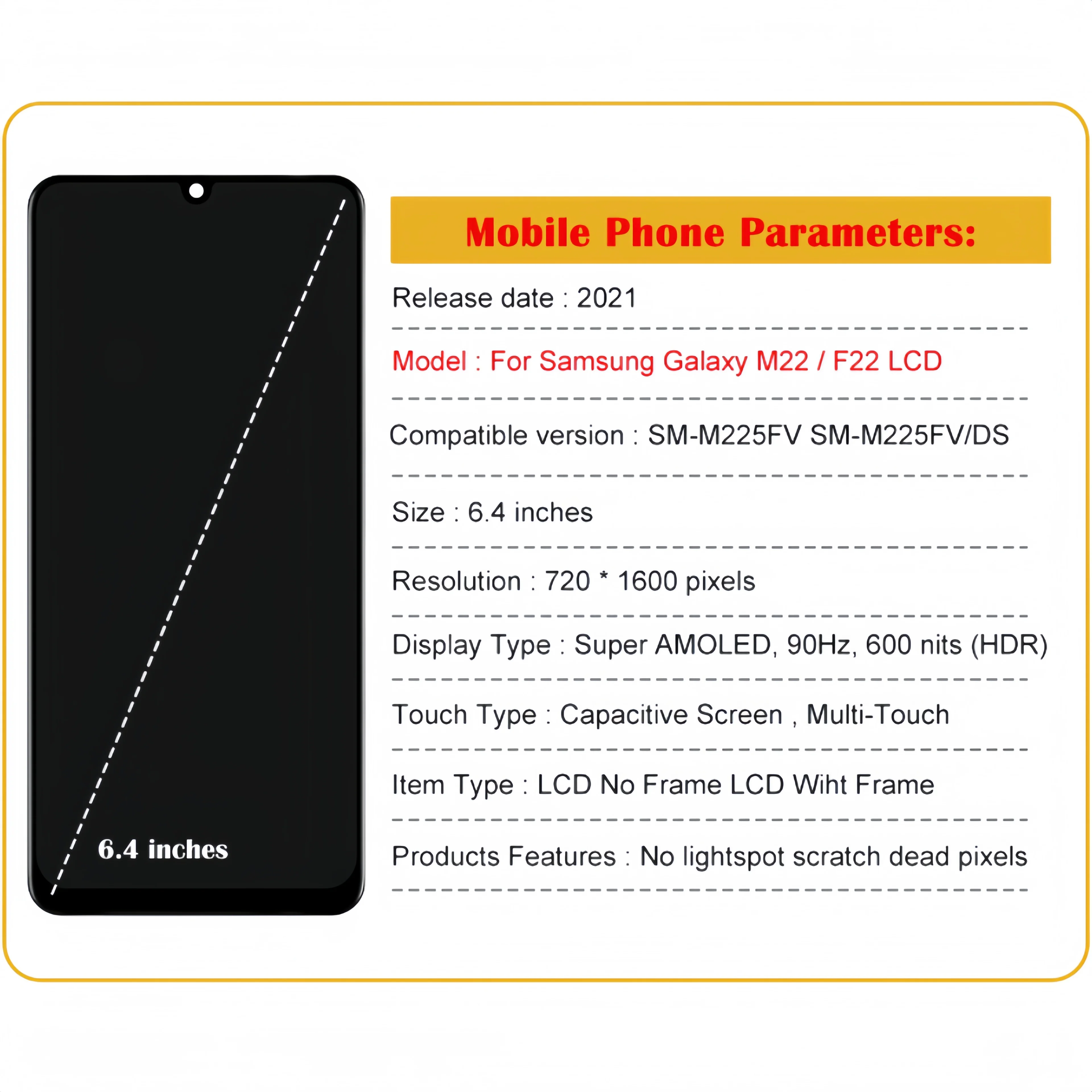 LCD Display Touch Screen Digitizer Assembly Replacement, Samsung Galaxy M22, M225, F22, SM-F225, M225, M225FV,