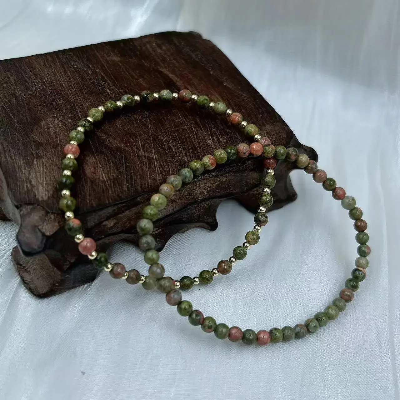 4mm Gemstone Green Unakite Jasper Natural Round Stone Women Men Jewelry Gift Gemstone Bracelet  7-8inch