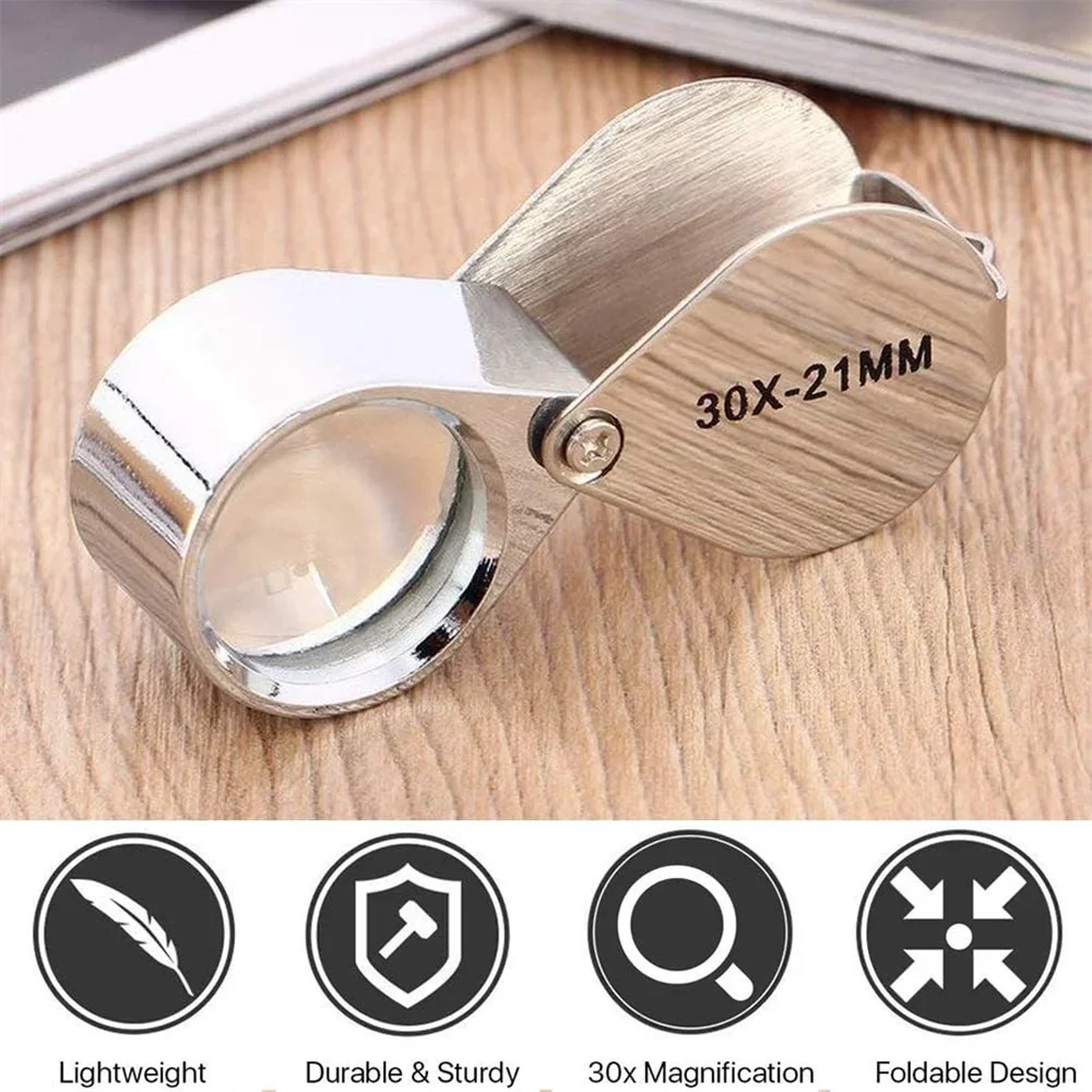 Pocket Jewellers Magnifier 30X 21mm Foldable Magnifying Glass Suitable for Hobbies Diamonds Jeweller Coins Stamps Collecting