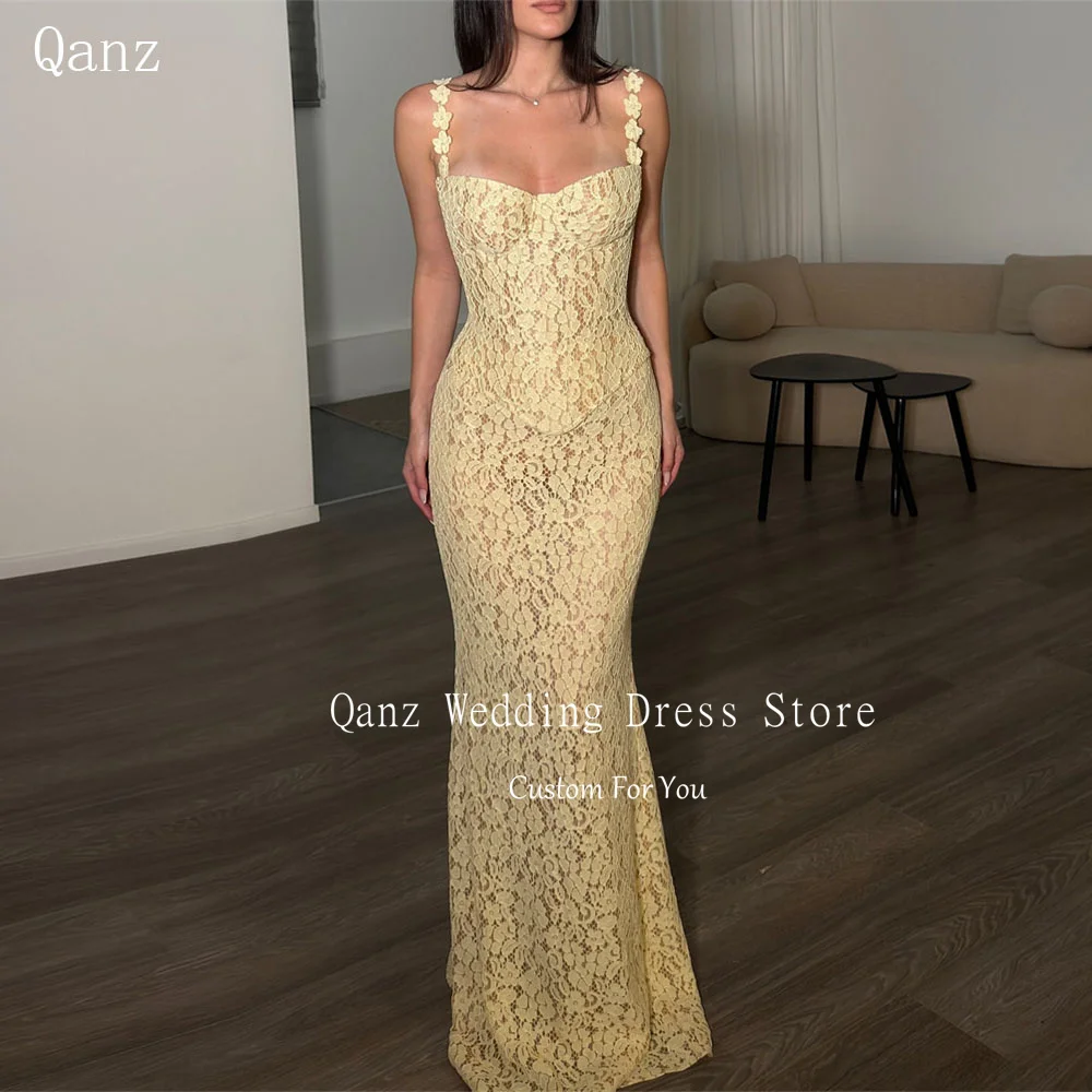 

Qanz Yellow Full Lace Prom Dress Spaghetti Straps Mermaid Sweetheart Evening Dresses Woman Elegant Vestido De Fiesta Customized