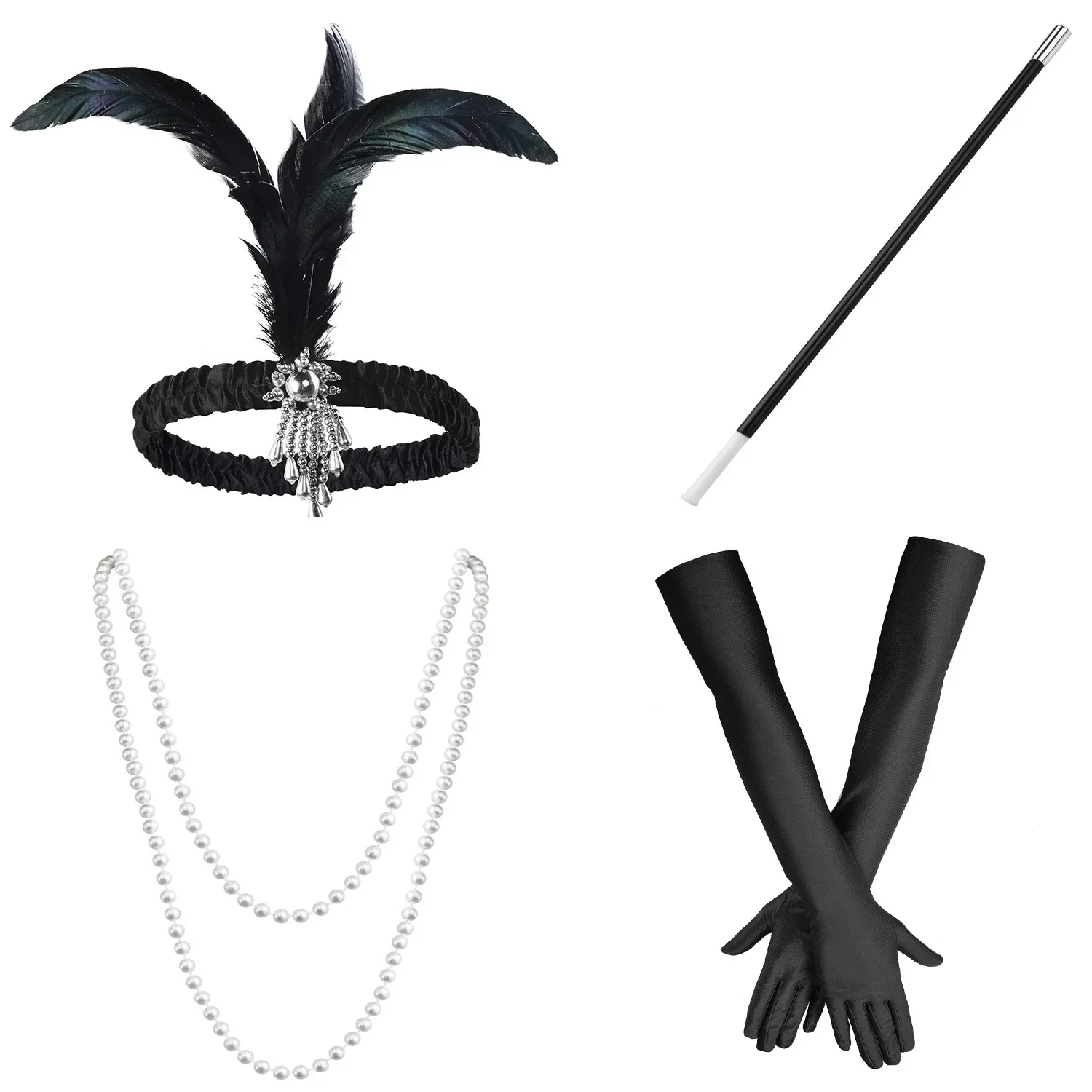 20'sFlapper Gilr Feather Headpiece Set， The Great Gatsby Headwear Glove Necklace Smoke Stick Party Accessory Set