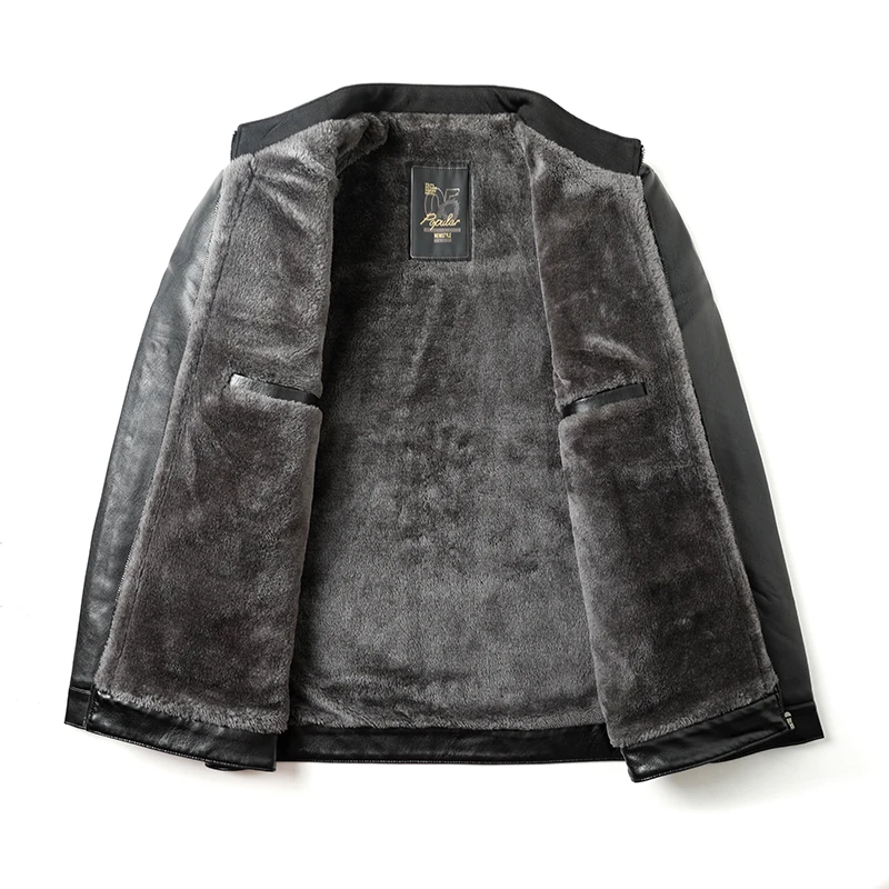 

Роскошная мужская кожаная куртка высокого класса с воротником-стойкой, пальто на флисовой подкладке, утепленная осенне-зимняя новая теплая минималистичная популярная мужская одежда