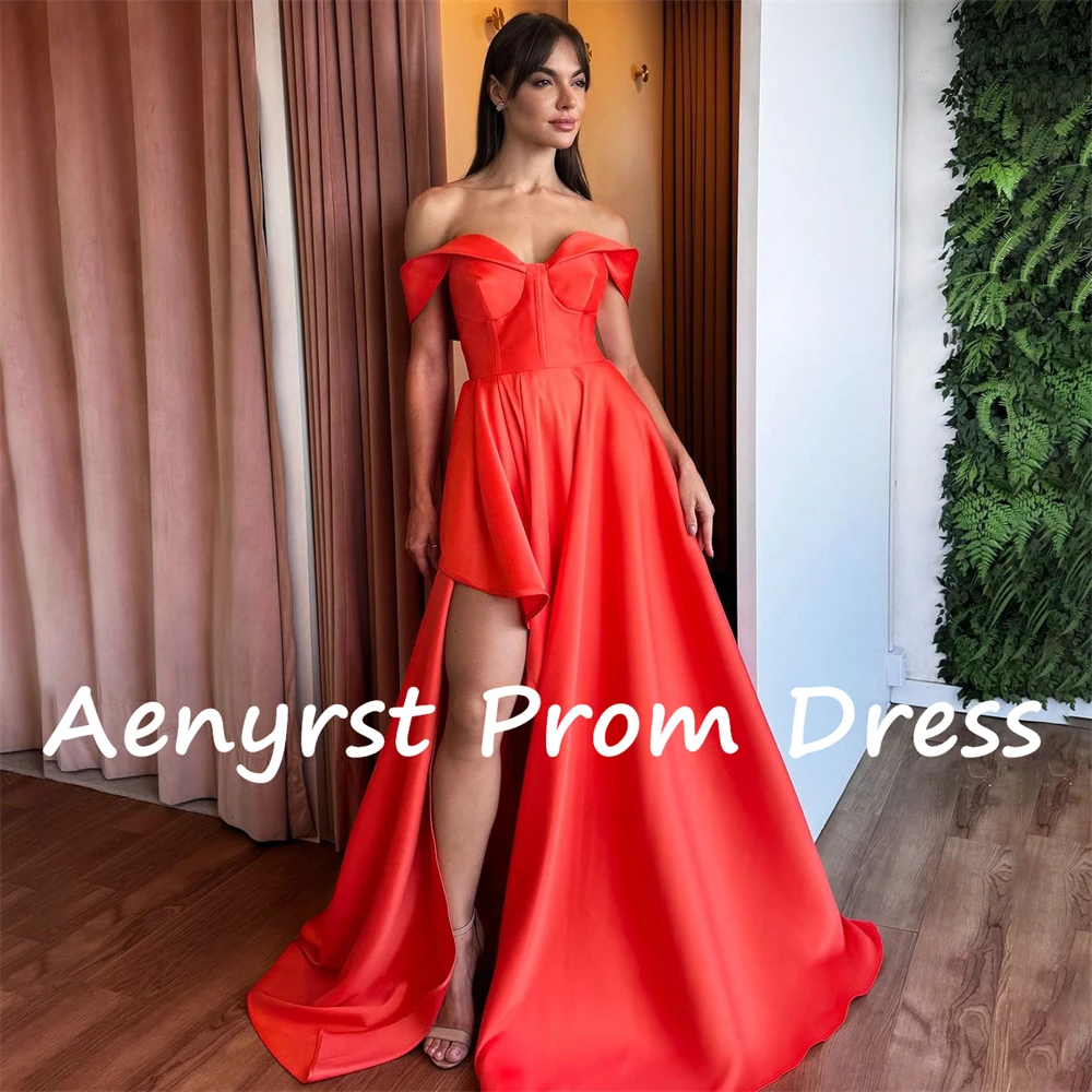 Aenyrst Rood Liefje Kant Split Prom Jurken Satijn A Line Off The Shoulder Avondjurken Vloerlengte Kerstfeestjurk