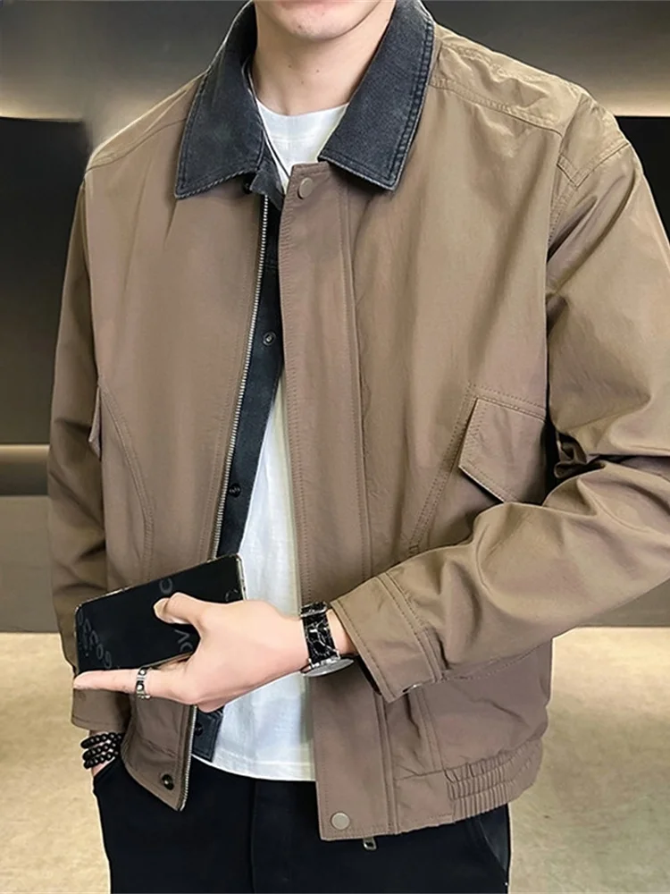 

Рабочая куртка мужская весна 2026: Новинка, американский стиль, с воротником, пэчворк, повседневная, свободного кроя, с длинными рукавами, на молнии